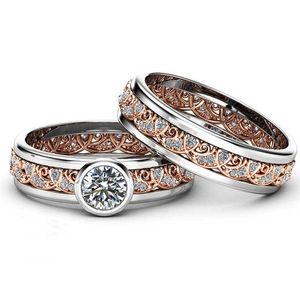 Bandringen 2 stks / Set Exquisite Rose Gold Two Tone Alloy Ring Anniversary Voorstel Crystal Jewelry Women Engagement trouwring Ring Set AA230306