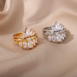 Band Rings 2 pièces ensemble Lotus Zircon anneaux pour femmes en acier inoxydable fleur bague 2022 tendance Couple mariage esthétique bijoux anillos AA230417