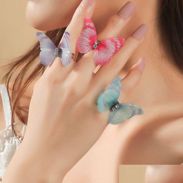 Anneaux de bande 3 pcs / ensembles mignons tissu de fil Mticolor Butterfly pour les femmes oral d'ouverture en métal ajusté Ring Girls bijoux dro dro dhx18