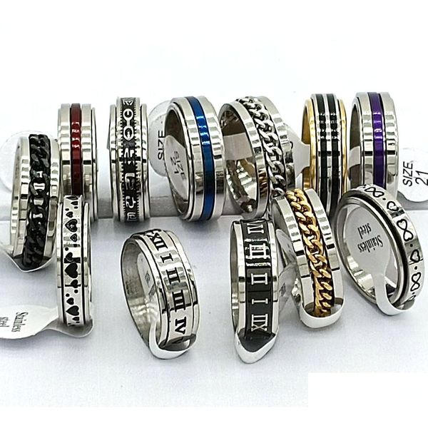 Anneaux de bande 30pcs / lot Design Mix Spinner Ring Rotate en acier inoxydable Men de mode Male Femme Punk Jewelry Party Gift Wholesale L DHCLM