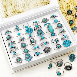 Bandringen 30 stuks vintage bohemien bloem turquoise ringen voor vrouwen etnische antieke zilveren traansteen ring set sieraden feestcadeau 231218