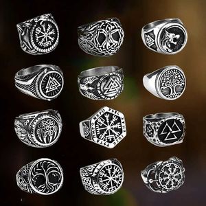 Bandringen 316L roestvrij staal Nordic Viking Ring Valknut Kompas Levensboom Wolf Vintage Mannen Ring Amulet Sieraden voor vriend als geschenk 240125