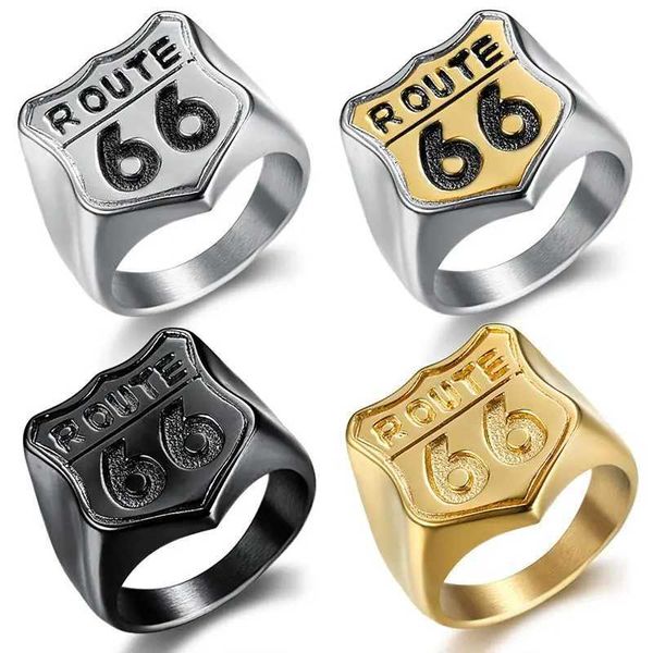 Anillos de banda Envío gratis Acero inoxidable 316L Color plata Negro Chapado en oro Biker Route 66 Anillo Anillos de aniversario del club de motocicletas para hombres 240125