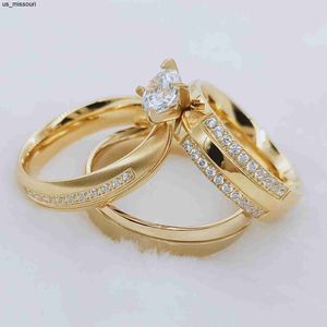 Anillos de banda 3 piezas Pareja Anillos de boda para mujeres Hombres Amor Alianza Cz Diamante Compromiso Matrimonio Joyería Fedi Nuziali 18k chapado en oro J230522