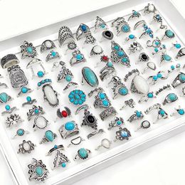 Anneaux de bande 50 100pcs lot vintage boho bleu pierre turquoise pour les femmes en gros mélange styles ethnique bague ensemble bijoux cadeaux de fête 231118