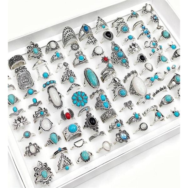 Bagues de bande 50 100pcs / lot vintage boho bleu pierre turquoise pour femmes mélange entier styles ethnique bague ensemble bijoux cadeaux de fête goutte dhmsx