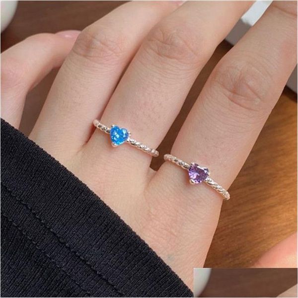 Bands Anneaux 5 mm Heart Diamond Ring Woman 925 Sterling Sier bijoux Luxury Love Designer pour femmes Pink Purple 5a Zirconia Tenue quotidienne DHMAC