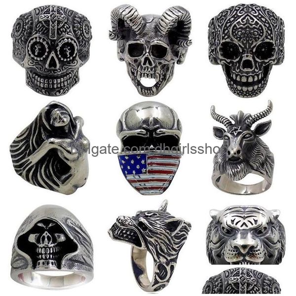 Bagues de bande 5Pcs / Lot Vintage Gothique Loup Tête Anneau Hommes Skl Punk Bijoux Accessoires Démon Satan Chèvre 001 Drop Delivery Otj0I