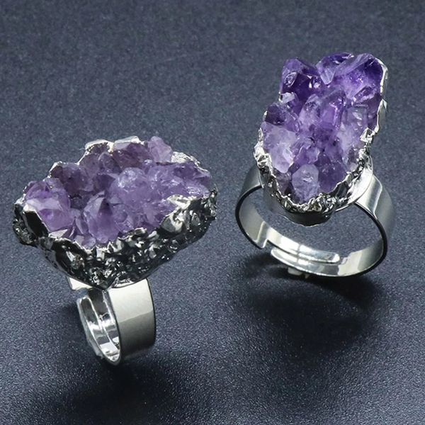 Anillos de banda 6pcs Amatistas naturales Anillos de clúster Charmas de piedra de cristal residable Manguillo abierto para joyas para mujeres que hacen 231219