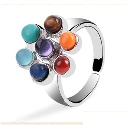 Bandringen 7 Chakra's Kralen Ring Voor Vrouwen Vintage Sier Plated Yoga Tijgerogen Steen Verstelbaar Open Boho Etnische Sieraden Gift Drop Deli Dhd1Y