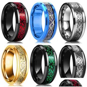 Anneaux de bande 8 couleurs 8mm hommes en acier inoxydable dragon anneau incrusté rouge vert noir fibre de carbone bijoux de mariage taille 6-13 livraison directe DHLXQ