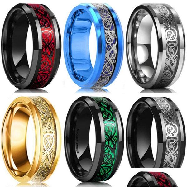 Anneaux de bande 8 couleurs 8 mm hommes en acier inoxydable dragon anneau incrusté rouge vert noir anneaux en fibre de carbone bande de mariage bijoux taille 6-13 goutte Dhyir