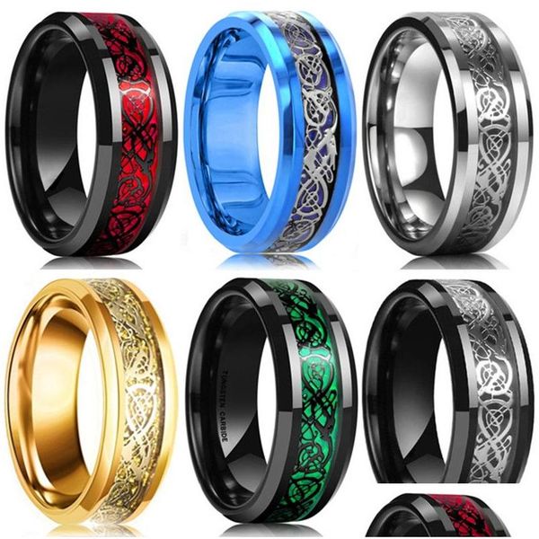 Anneaux de bande 8 couleurs 8 mm hommes en acier inoxydable dragon anneau incrusté rouge vert noir anneaux en fibre de carbone bande de mariage bijoux taille 6-13 goutte DHC7P