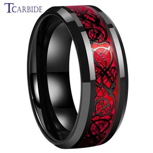 Anillos de banda 8 mm negro para hombre para mujer anillo de boda de compromiso de carburo de tungsteno con incrustación de dragón de ópalo rojo joyería de regalo superior ajuste cómodo 231124