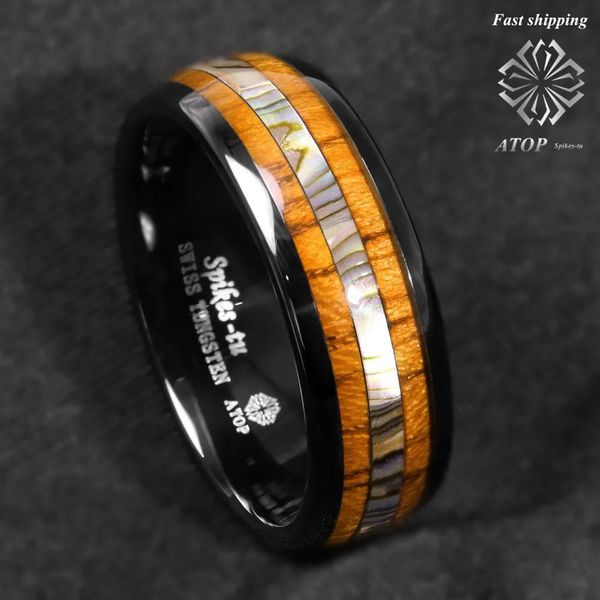 Anillos de banda Anillo de carburo de tungsteno negro de 8 mm Koa Wood Abalone ATOP Wedding Band Joyería para hombres Joyería personalizada 231114