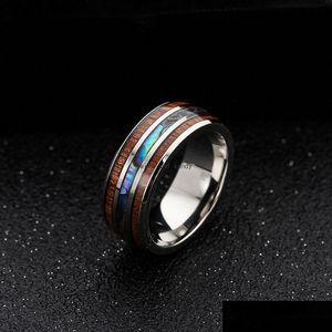 Anneaux de bande 8mm Inlay Hawaiian Koa Bois Coquille D'ormeau Doigt De Mariage Titane Bague En Acier Inoxydable Pour Femmes Hommes Bijoux De Mode Will Dhmv1