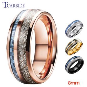 Anillos de banda Anillos de boda de tungsteno para hombres y mujeres de 8 mm con fibra de carbono azul y incrustaciones de meteorito blanco Ajuste cómodo 231124