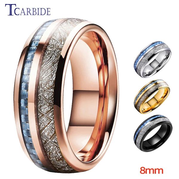 Anneaux de bande 8MM Hommes Femmes Anneaux de mariage en tungstène avec fibre de carbone bleue et incrustation de météorite blanche Comfort Fit 231124