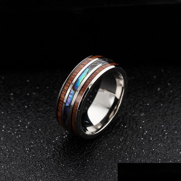 Anillos de banda 8Mm Alianzas de boda para hombre Incrustaciones Anillos de madera de koa hawaiana y concha de abulón Anillo de acero de titanio Dedo para mujeres Hombres Moda J Dhtwe