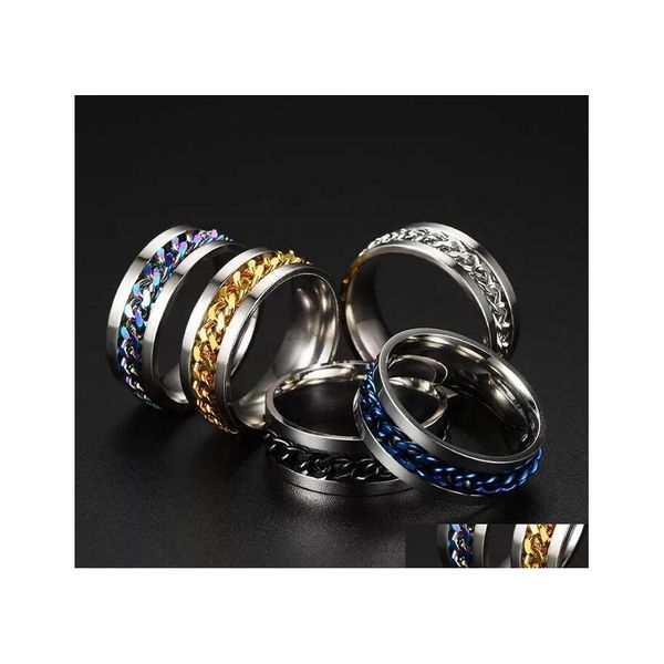 Anillos de banda 8 mm Spinner Punk Anillo de acero inoxidable Fidget Ansiedad para hombres Negro / Azul / Plata / Oro Joyería de entrega DHQRB