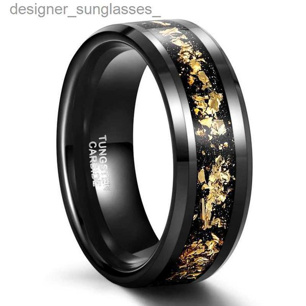 Anillos de banda Anillo de acero de caide de tungsteno de 8 mm Anillo de boda de hoja de color dorado con incrustaciones negras para hombres y mujeres Joyería WholesaleL231201