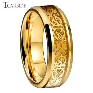 Anneaux de bande 8MM tungstène fiançailles bague de mariage pour hommes femmes en Fiber de carbone à base de Dragon incrustation beau cadeau bijoux confort Fit 231124