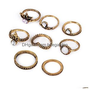 Anneaux de bande 8pcs / set vintage midi couronne blanc gemme bronze laiton knuckle anneau ethnique sculpté boho doigt pour hommes femmes mode drop delive DH2C6