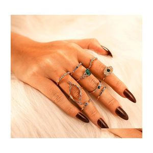 Anneaux De Bande 9 Pcs / Ensemble Femmes Vert Cristal Géométrie Couronne Fleur Coeur Étoile Opale Knuckle Anneau Ensemble Boho Partie Bijoux Or Doigt 464 Q Dhyc9