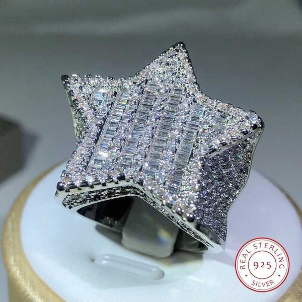 Anneaux de bande 925 hommes / femmes Silver Luxury Star Diamond Ring Pure Blanche or / Jaune Bague de bijoux hip hop brillant J240410