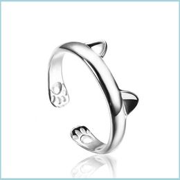 Anneaux de bande 925 sier anneaux simples mignons conception de l'oreille de chat ajusté anneau de doigt réglable PAWPRINT Animal bijoux Bk Drop Livrot 2021 Yydhhome Dhkdy