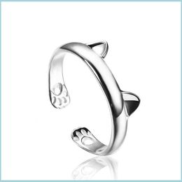 Anillos de banda 925 Anillos Sier Diseño de oreja de gato lindo simple Anillo de dedo ajustable Pawprint Animal Jewelry Bk Drop Delivery 2021 Yydhhome Dhkdy