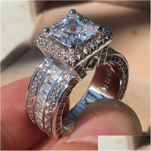 Bandringen 925 Sterling Sier Ring Princess Cut Wedding 3ct Lab Diamond mode Luxe sieraden voor vrouwen Vrouw Betrokkenheid Drop Deliver Otysm