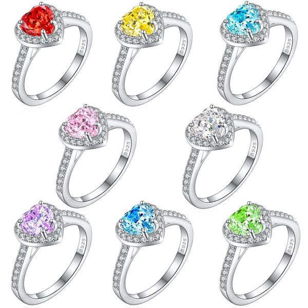 Bagues de bande 925 Sterling Argent 1ct Flamme Glace Fleur Coupée Bague D'amour En Forme De Coeur Luxueux Couleur Trésor Haute Carbone Diamant Bague Pour Femme Ensemble 0qrn