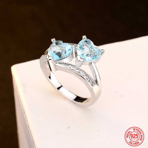 Anillos de banda 925 encanto de plata esterlina corazón aguamarina anillo para mujer moda boda joyería fiesta regalo P230411