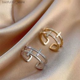 Bandringen 925 sterling zilver goud dubbel kruis zirkoon ring geschikt voor vrouwen luxe kwaliteit vintage sieraden cadeau gratis levering voor damesQ240330