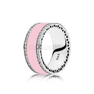 Anillos de banda Plata de ley 925 Corazones radiantes Aire Rosa Esmalte blanco ANILLO Espinela sintética Ajuste Pandora Joyería de plata Mujeres Anillo de bodas Caja original J230612