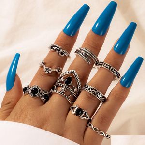 Anillos de banda 9 Unids / set Retro Antiguo Sier Knuckle Flower Leaf Charm Joint Anillo Apilable Para Mujeres Niñas Joyería de Moda Will And Sandy Dhkva