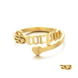 Anillos de banda Corazón ajustable Acero inoxidable 12 Constelaciones Anillo de letra para mujer Apertura Boda Dedo del zodiaco Joyería de cumpleaños D Dhkzv