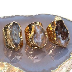Bands anneaux Agate Ring Piece fabriqués à la main par Druze électroplé avec Goldstone sans style en pierre naturelle brésilienne