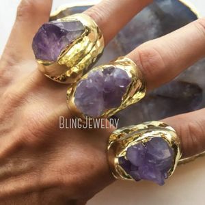 Anillos de banda Amethyst Cluster Gold Color Jewelry Banda Grande del cristal Purple Punta Ajustable Anillo de compromiso de compromiso Halloween Boho Boda 231219