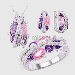 Band Ringen Amethist Roze Sieraden Sets voor Vrouwen Kruis Oneindige Ring Oorbel Ketting Bruiloft Bruid Set Valentijnsdag Gift Conjuntos De Joya J230531