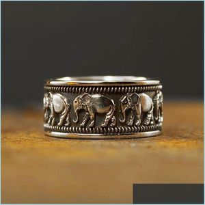 Bandringen oude Sier Sier Animal Elephant Ring Scpture Women Men Rings Band Fashion Jewelry Gift Drop Levering Dhyei Dhyei