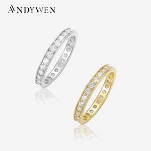 Anneaux de bande Andywen 100% 925 Sterling Silver Gold 2,8 mm carré CZ Zircon Ring pour femmes Luxury Mariage Crystal Jewelry Exquis 2023 Round JE J240410
