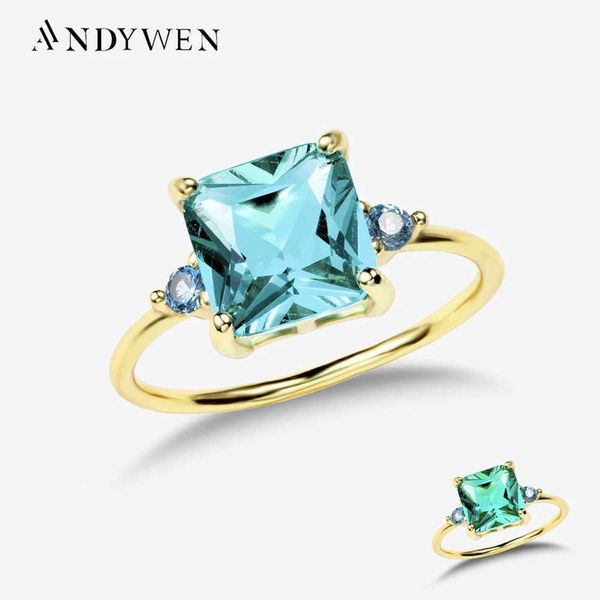 Anneaux de bande Andywen 925 Sterling Silver Gold Green 9 mm CZ Zircon Ring Crystal Womens Wedding Luxury Boutique Jewelry J240410