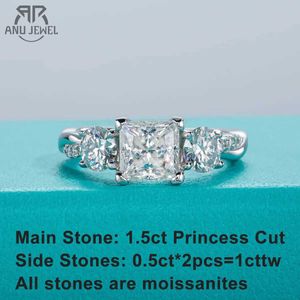 Bagues AnuJewel 1.5ct princesse coupe D couleur Moissanite trois pierres de fiançailles R925 bagues en argent pour femmes bijoux en gros J240118