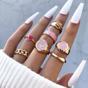 Bagues Aprilwell 7Pcs Kpop Mignon Ours Or Bagues Assorties pour Femmes Esthétique Coeur Rose E fille Y2k Mode Bijoux Cadeaux Anillos Mujer G230213