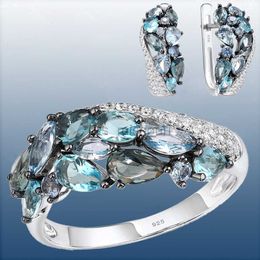 Band Ringen Aquamarijn Kristal Moissanite Sieraden Set Bruids Bruiloft Verlovingsring Oorbellen Set Moederdag Cadeau Sieraden Joyas Para Damas J230531