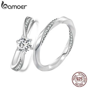 Anillos de banda BAMOER 14K Platino platino Zirconia Cúbica Twisted Mobius Eternal Band Women 925 Sterling Silver Engagement Wedding Ring J240410