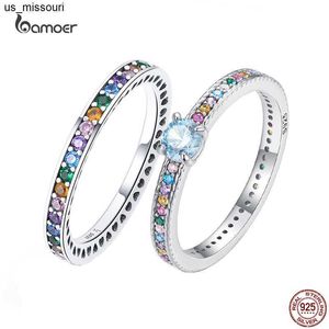 Anneaux de bande Bamoer 925 Sterling Silver Multicolor Zircon Finger Ring pour les femmes Trendy Fashion Rainbow Simulé Diamant Anillos Bijoux Cadeau J230522