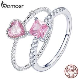 Band anneaux bamoer réel 925 Sterling Silver Pink Love CZ Ring Fashion Femmes mignonnes exquises bijoux accessoires de mariage Cadeau BSR157 J240410